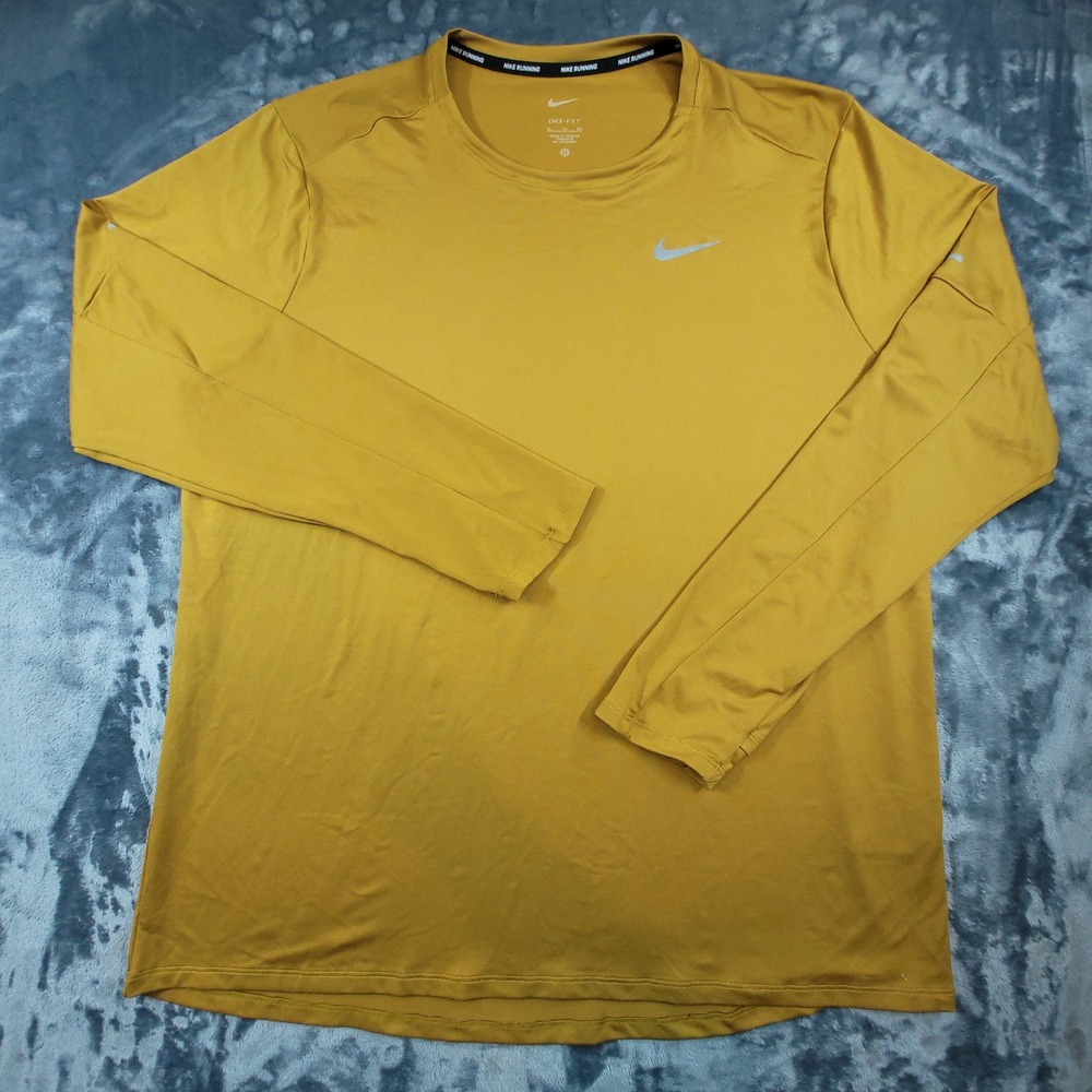 Nike Running Dri-FIT Shirt Mens XL Gold Mustard Yellow Long Sleeve Thumbhole Top